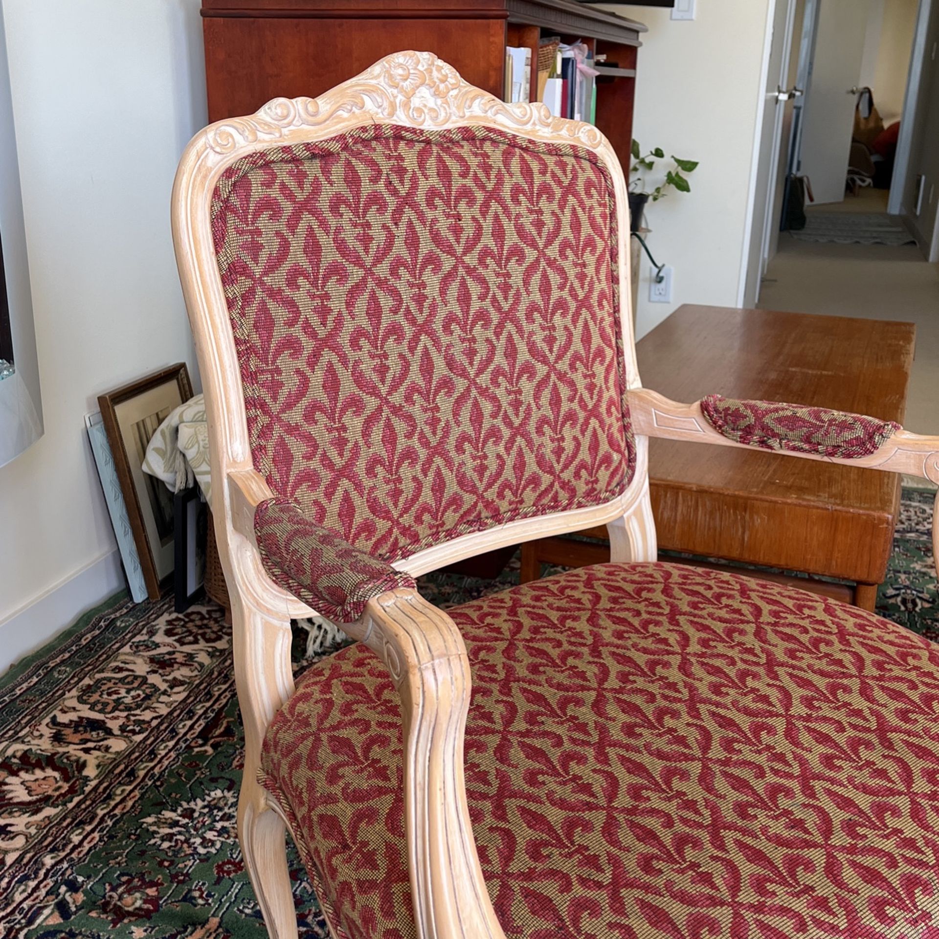 Pair oversized Carved Wood Upholstered Chairs