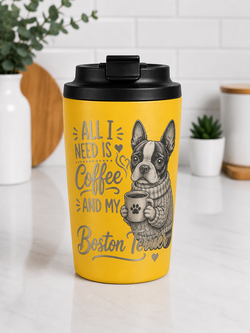Boston Terrier 12oz Insulated Coffee Travel Mug, Laser Engraved