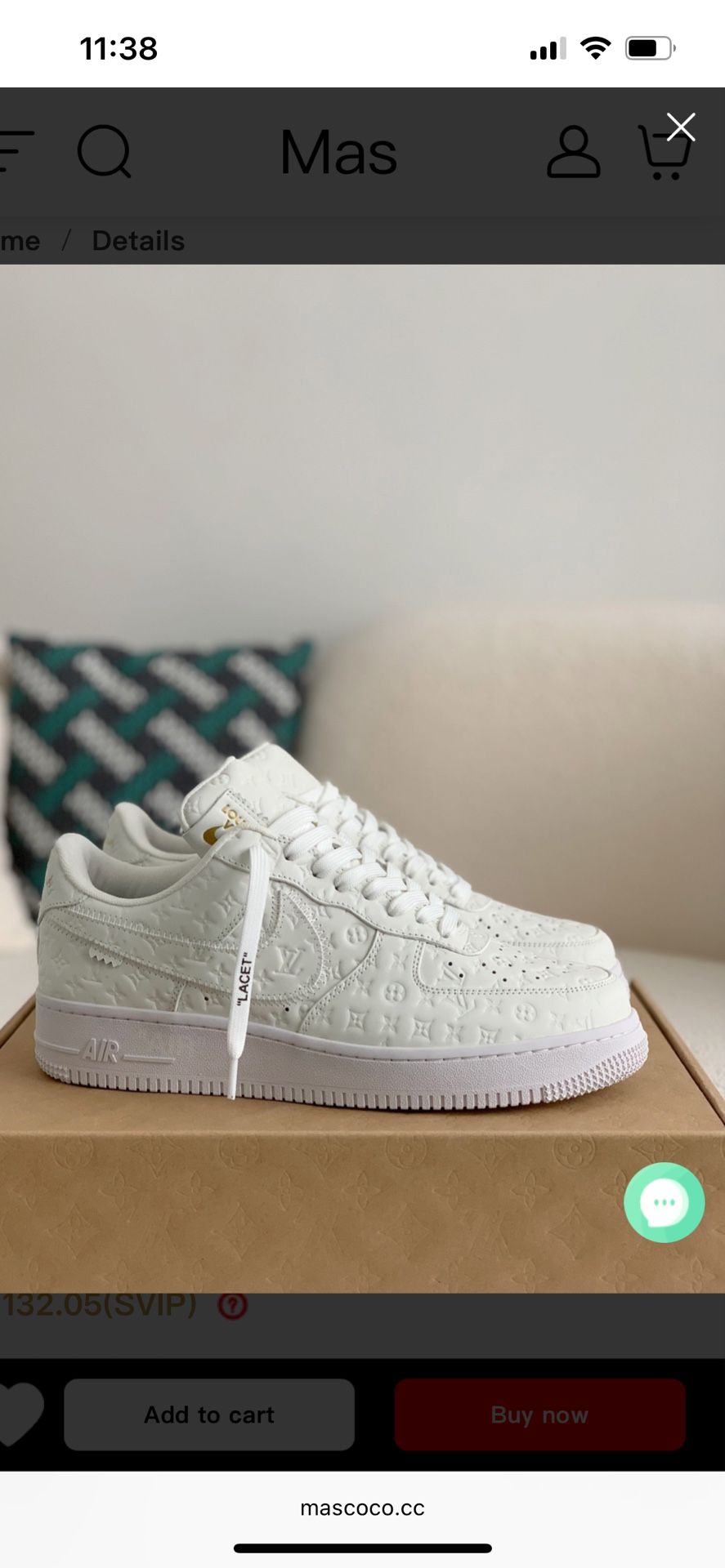 Product (#31) Brand New Louis Vuitton X Nike Air Force One - Men - Size 12 - Color Ivory/White