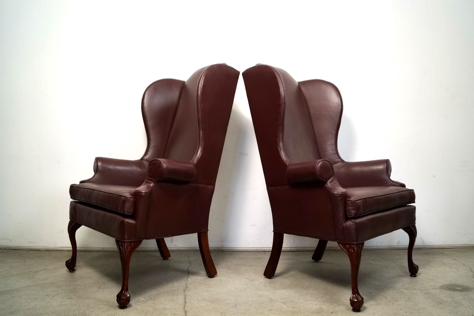 Pair Of 1970’s Chippendale Leather Wingback Chairs 