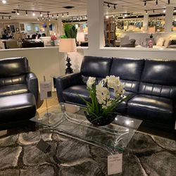 Bernie Phyl’s Navy Blue Authentic Leather Sofa Set Three-Seat Sofa Chair And Ottoman Three PCs Sectionals