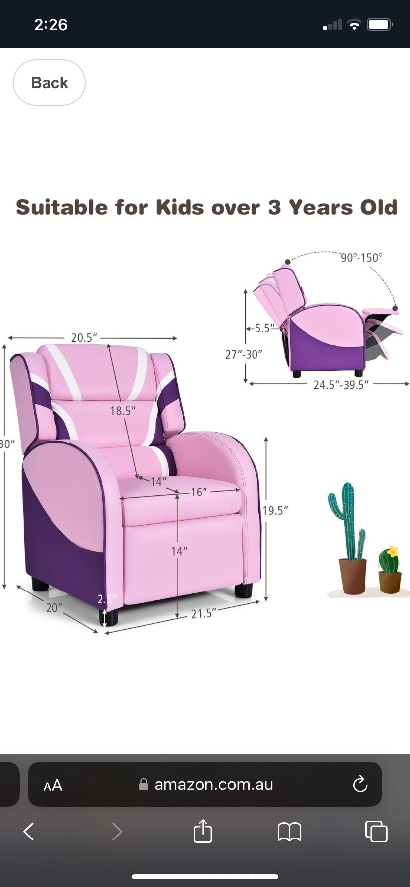 New Kids Pink Recliner Chair