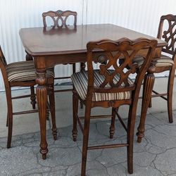 Very Nice Carved and Inlayed Wood High Top Dinning/ Kitchen Table And Chairs