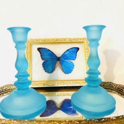 Satin Frosted Teal Candle Holders 
