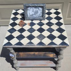 Unique Distressed Harlequin Diamond End Table
