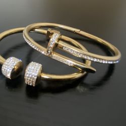 6.5’ Gold Stainless Steel Cuff  & Nail Bracelet Stack 