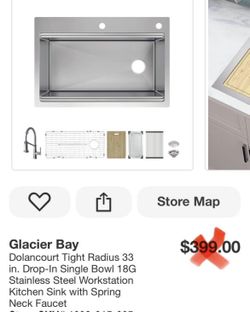 Glacier Bay Dolancourt Tight Radius 33 in. Drop-In Single Bowl 18G Stainless Steel Workstation Kitchen Sink with Spring Neck Faucet