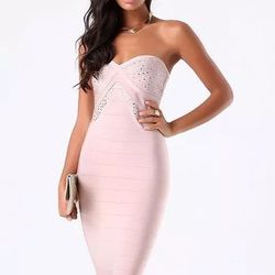 New bebe misty rose ivory strapless midi stud bandage bodycon top dress XS 0 2