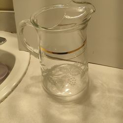 Glass Decorative Pitcher With Grapes On The Vine And Gold Band.