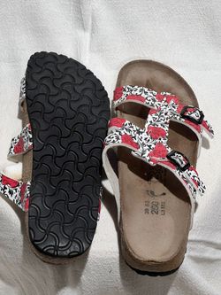 Birkenstock “Birki’s” - white straps with black vines and red hearts