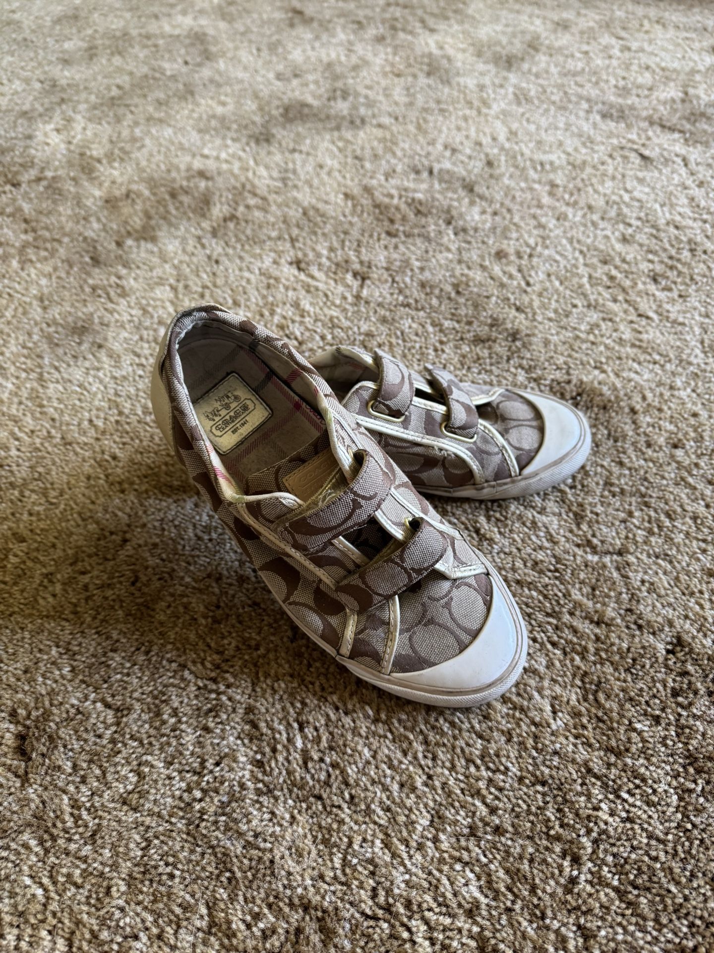 Tan, cream and gold Coach ‘Britt’ Velcro strap sneakers; excellent condition