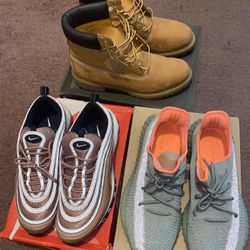 Desert Dust/White Airmax 97  (11.5) |  Desert Siege Yeezy 350  (11.5) |  Wheat Timberland Boots (11)