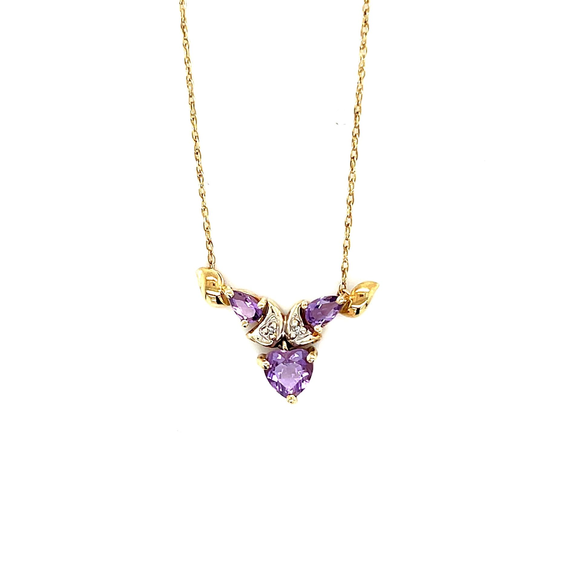 10K Gold 3-Amethysts Diamond Necklace