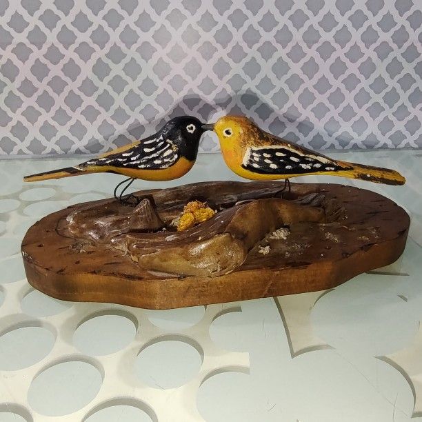 Rare Vintage Handmade Painted Wood Oriole Birds w/ Wire Legs Vignette