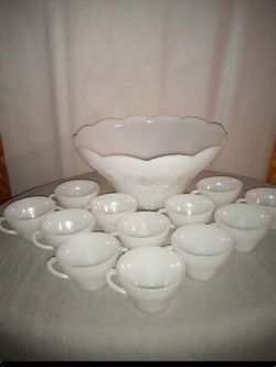 Vintage Milk Glass Party Punch Bowl Set