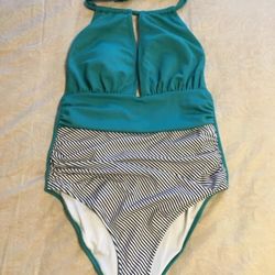 Aqua And Striped Halter 1-Piece swimsuit