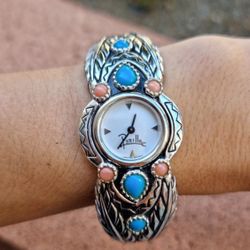 Vintage Southwest Style Perillo Cuff Watch Sterling Dial Turquoise / Coral New B
