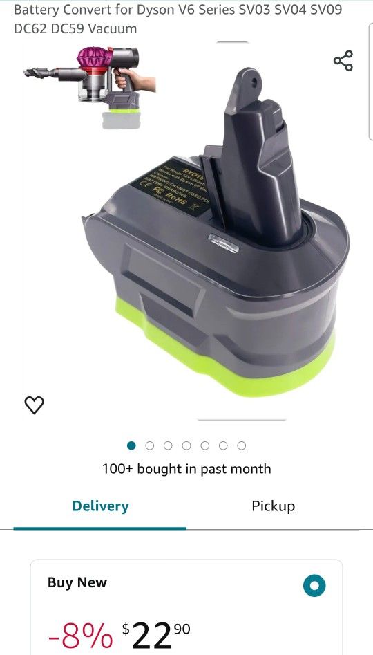 Dyson V6 Battery Adapter, for Ryobi 18 Volt ONE+ Battery Convert for Dyson V6 Series SV03 SV04 SV09 DC62 DC59 Vacuum