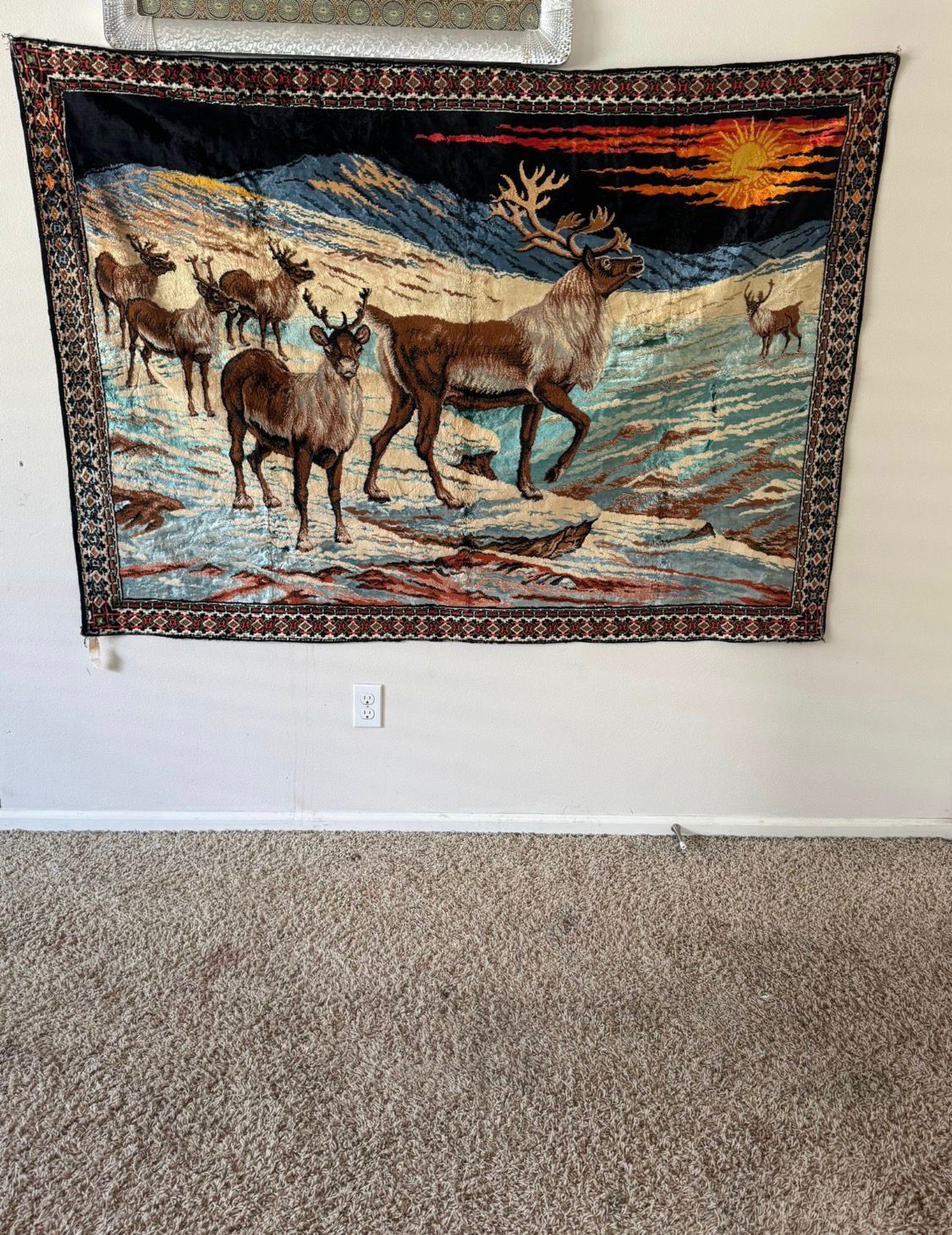 Extra Large Vintage Tapestry Wall Hanging Deer in Snow Cabin Decor 48"x71" EUC