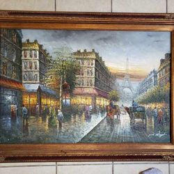 Lg Vtg Signed Original NIGEL Parisian Cityscape Oil Painting 