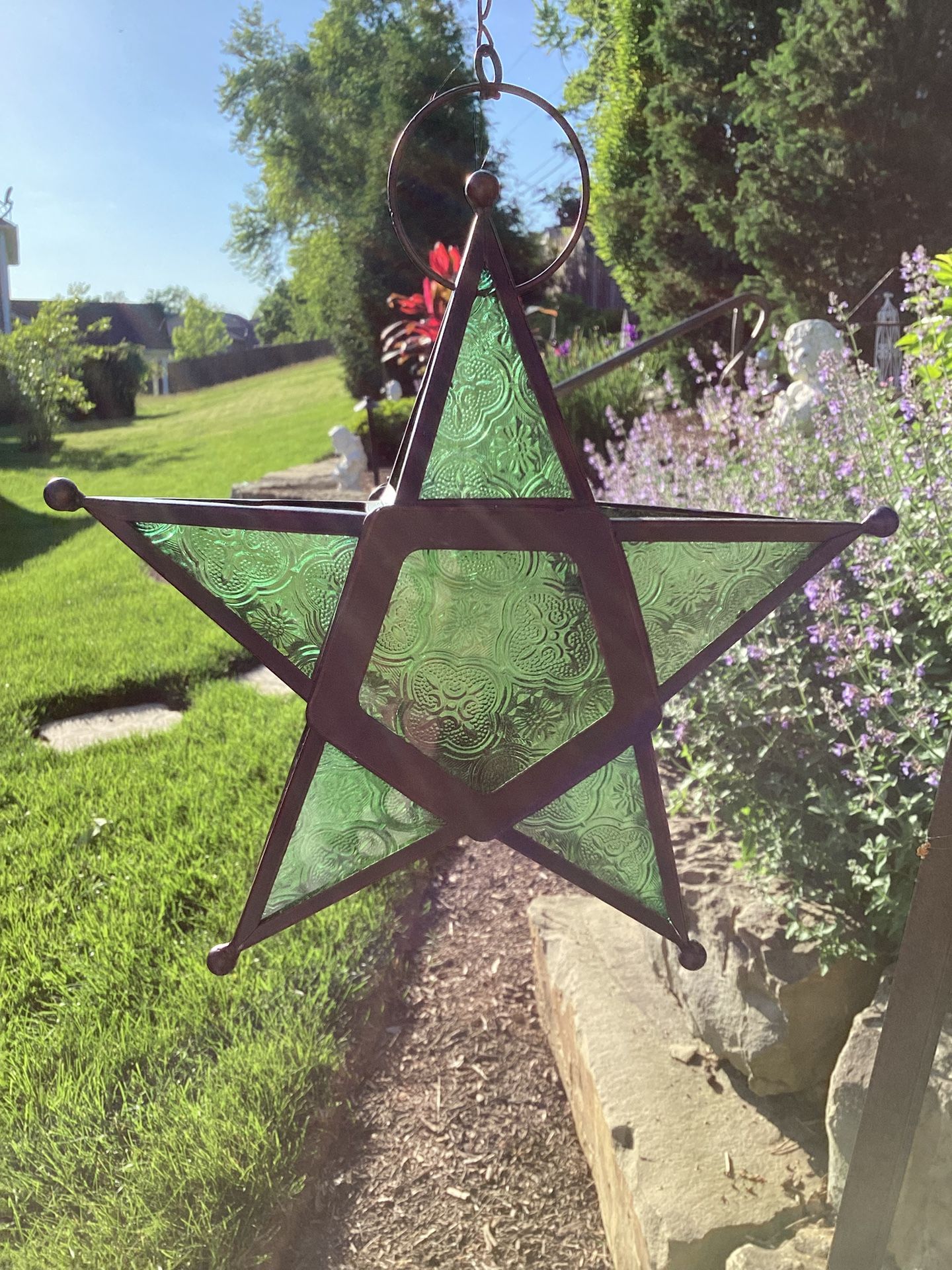 Iron and glass green hanging star tea light holder with door, on chain 10” (see photos)