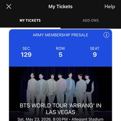 BTS WORLD TOUR 'ARIRANG' IN LAS VEGAS Sat, May 23, 2026, 8:00 PM • Allegiant Stadium