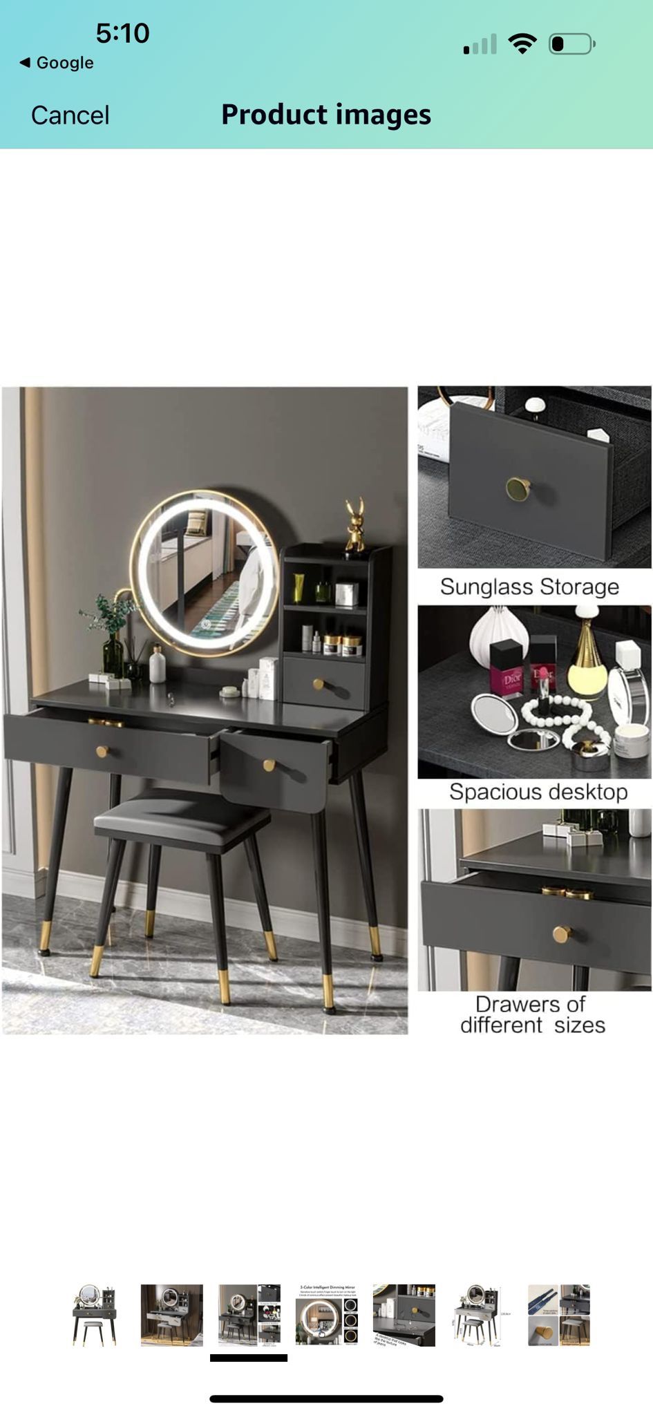 Vanity Table 3 Color Lighted Mirror Makeup Vanity Set with 2 Drawers Dressing Table Cushioned Stool Nightstand Vanity Desk