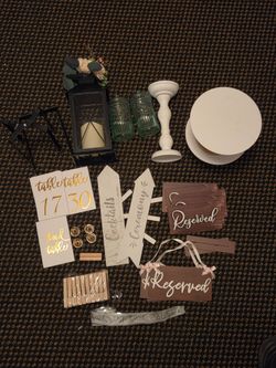 An assortment of random wedding/party supplies/ decorations