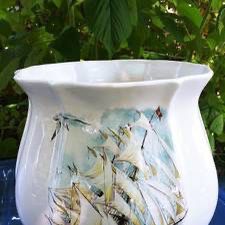 Vintage ship w/ seagulls ocean motif ceramic flower pot planter