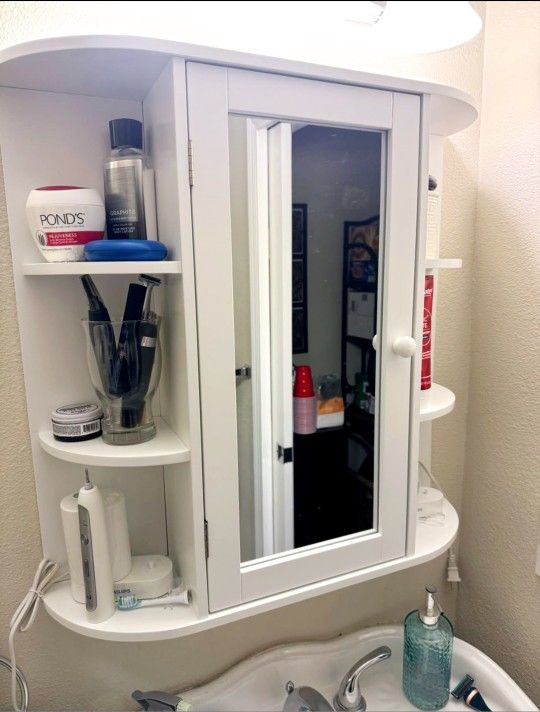 Mirrored Door Wall Mounted Cabinet, 6 Open Shelves, 4 Interior Shelves. NEW!!
