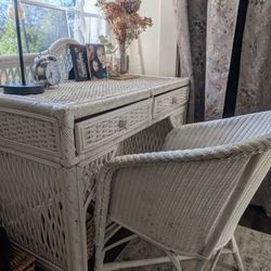 Vintage White Wicker Desk Plus Chair