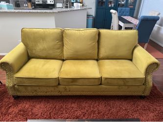 Mustard Gold Velvet Sofa – Nailhead Trim, Rolled Arms