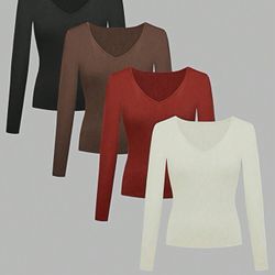 Women’s 4 Piece Solid V Neck Shirt *NEW*