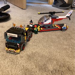 Lego Truck, Trailer, Helicopter And 2 Mini figures 