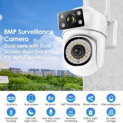 Dual Lens HD 8MP Security Camera WiFi IP, PTZ W/ 64GB Memory. In/Outdoor.