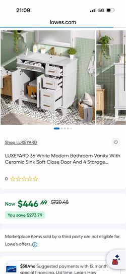 LUXEYARD 36 White Modern Bathroom Vanity With Ceramic Sink Soft Close Door And 4 Storage Drawers Offering A Refined Look With Practical Everyday Funct
