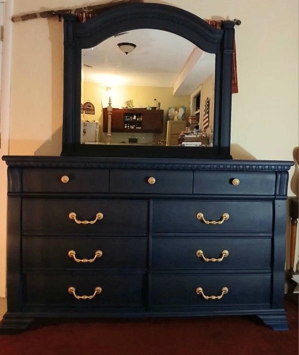 Navy Blue And Gold Nine Drawer Dresser With Mirror