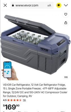 VEVOR Car Refrigerator, 12 Volt Car Refrigerator Fridge, 15 L Single Zone Portable Freezer, -4℉-68℉ Adjustable Range, 12/24V DC and 100-240V AC Compre