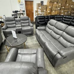 Grey Recliner Living Room 3Pcs Set With Bluetooth Speaker And LED Light 