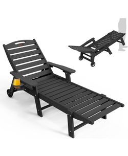 Ciokea Lounge Chair Outdoor, Oversized Chaise Lounge Chair with 5 Positions, HDPE, Patio Lounge Chair with Wheels & Cup Holder for Pool, Deck, Poolsid