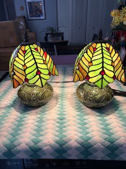 Tiffany style table lamps set of two stained glass with dragonfly base
