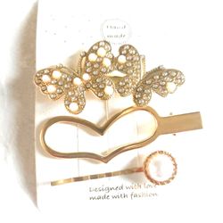 Gold Butterfly Heart and Pearl Hair Clip Set