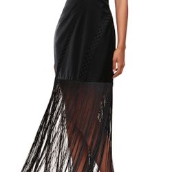 Black Fringe Detail Satin Maxi Dress. NEW