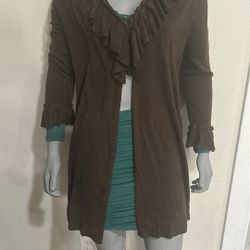  Brown Ruffled Knit Cardigan Sweater 
