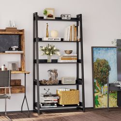 Industrial Bookshelf 5-Tier 31.5 in Wide, Bookcase Ladder Shelf, Storage Shelves Rack Shelf Unit, Accent Furniture Metal Frame, Home Office 