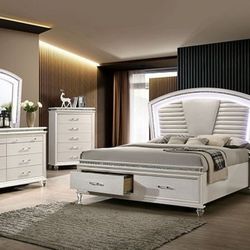 Brand New Pearl White 6pc Queen Size Bedroom Set Built-in LED Lights 