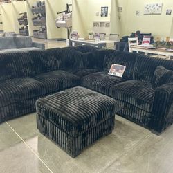 Black Sectional Sofa With Soft Fur Like Corduroy