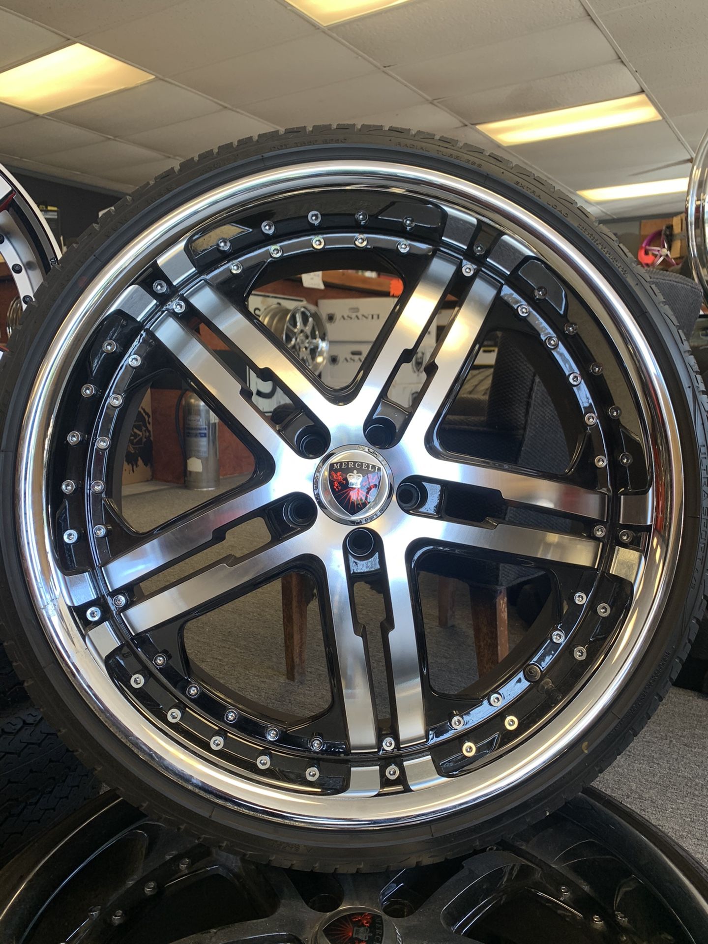 1 set of Black and Machine Merceli M6 Rims w/ Tires