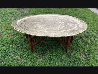 Vintage Brass Tray Coffee Table with Teak Wood Folding Stand
