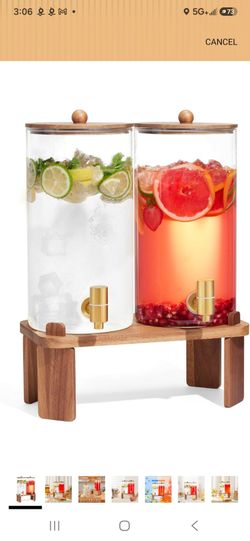 2 glass dispensers with wooden lid and stand (firm price)